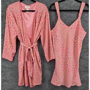 Cabernet Women's L Pink Floral 2 Piece Slip Dress / Tie Robe Set Sleepwear Satin